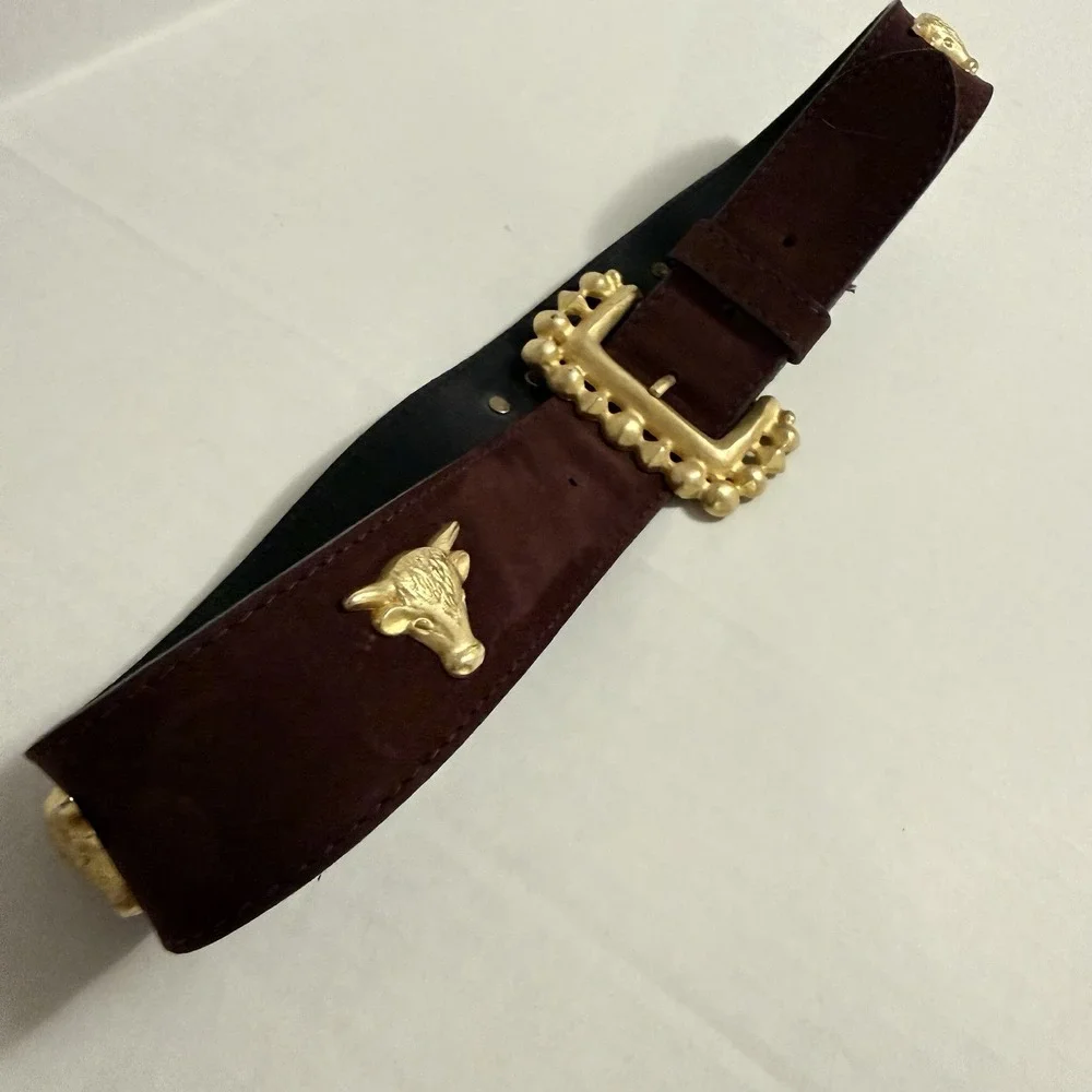 Crisca Dark Brown Leather Belt Gold Trim, Cow, Steer Horns. Made In Italy. 34 In